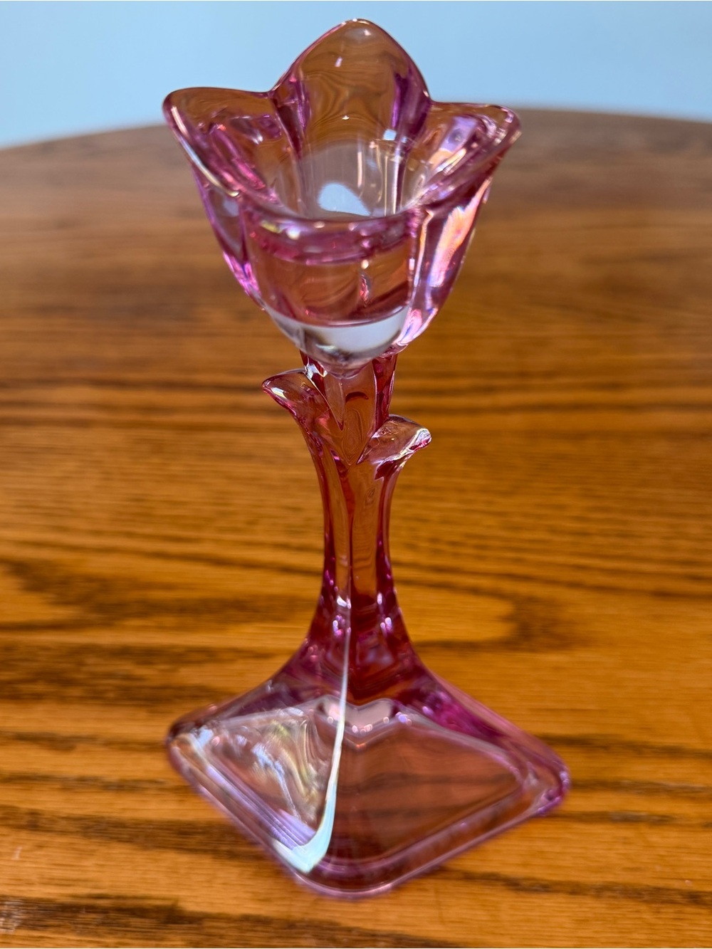 Vintage Pink Glass Tulip Flower Tea Light Candle Holder Stem